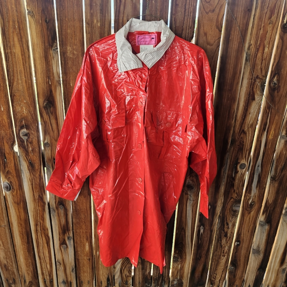 Slippery When Wet bright red raincoat vinyl full length unisex size small